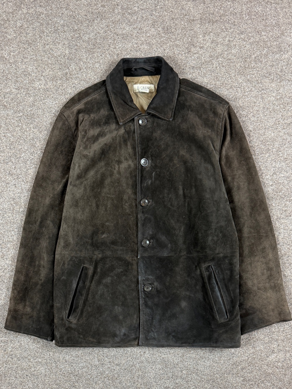 J Crew Brown Suede Leather Button Front Collared Harrington Jacket Men’s M Heavy